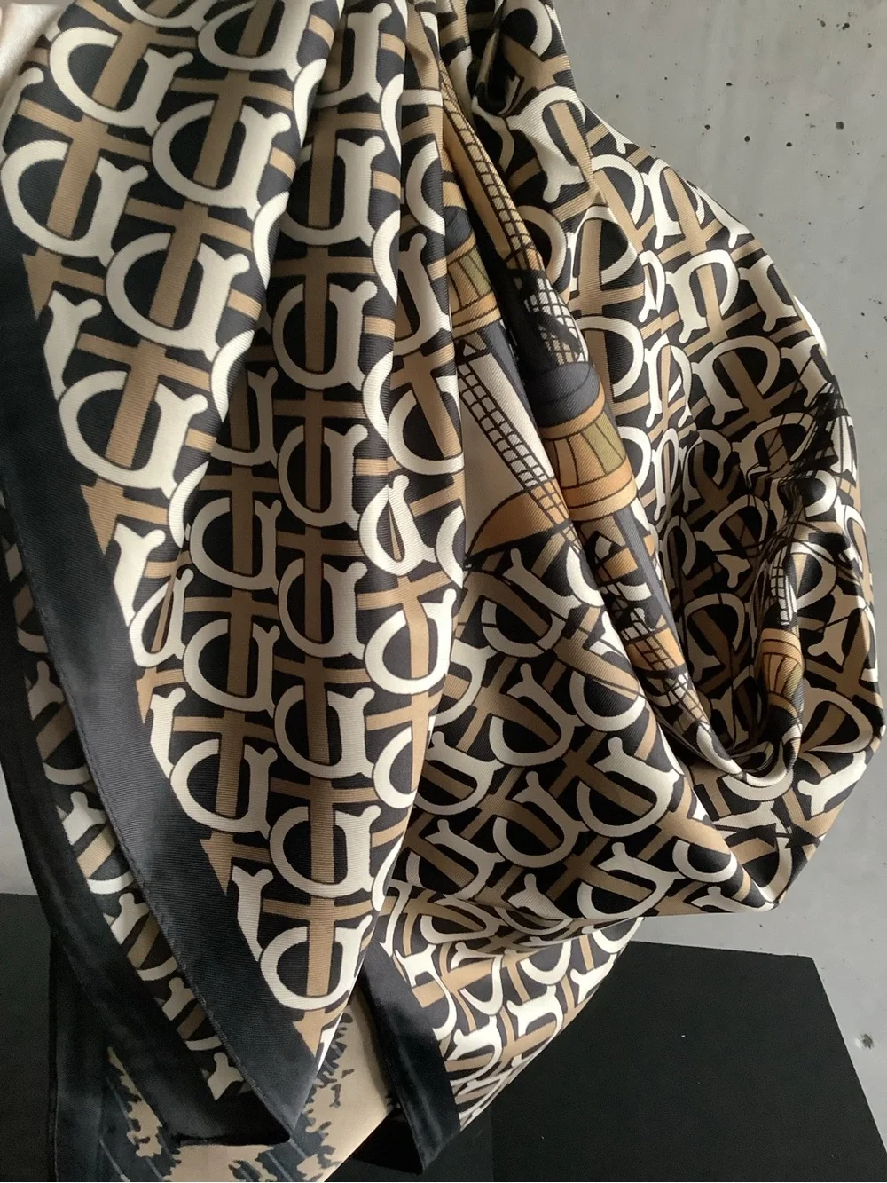 Oversized 35x35 Satin Scarf Sailing Ship Nautical Print Black Beige NWOT